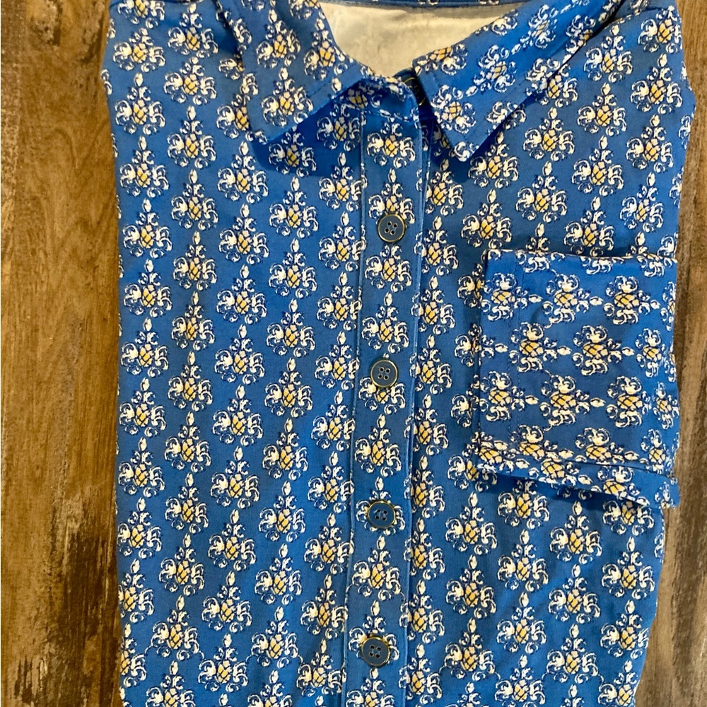 J. McLaughlin EUC Catalina Cloth Blue/Yellow Pineapple Button Popover Shirt Sz S - Picture 15 of 16